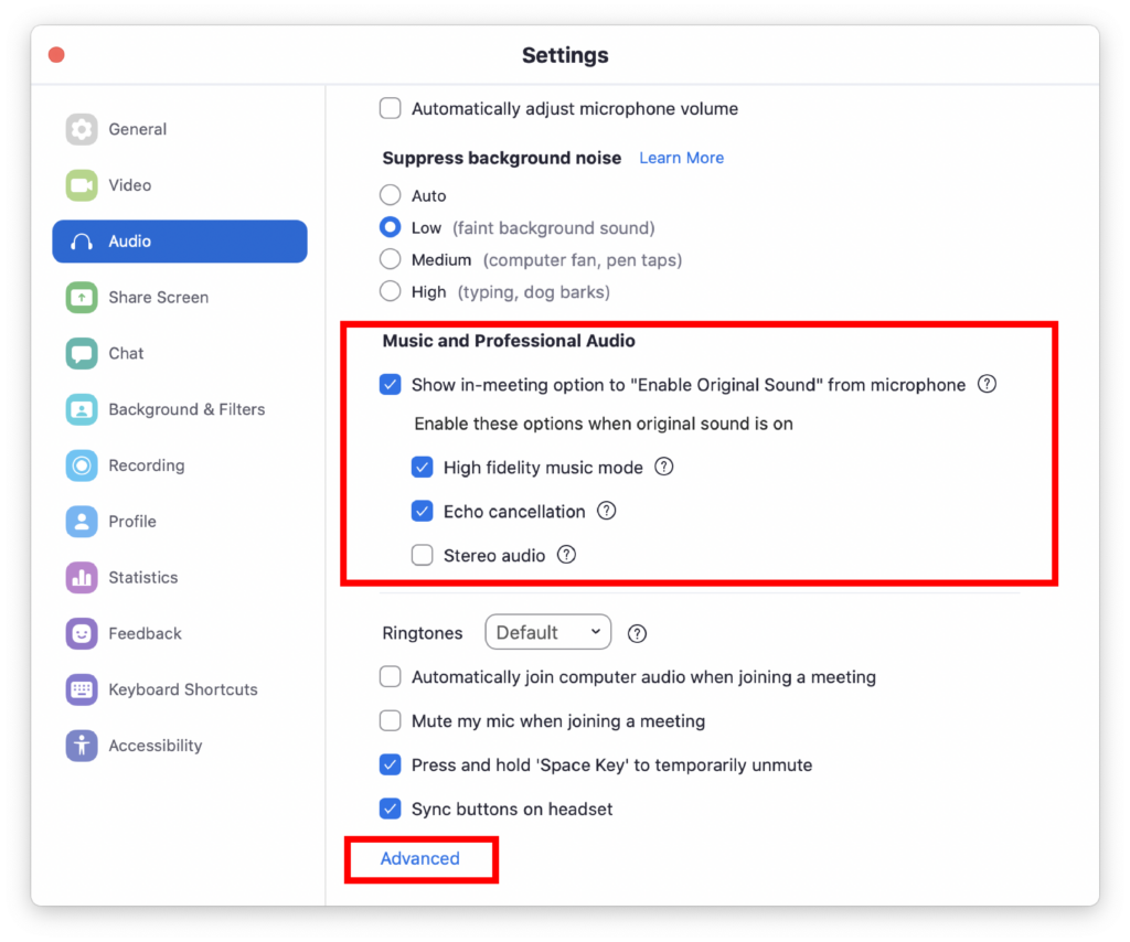 Zoom settings for Mac
